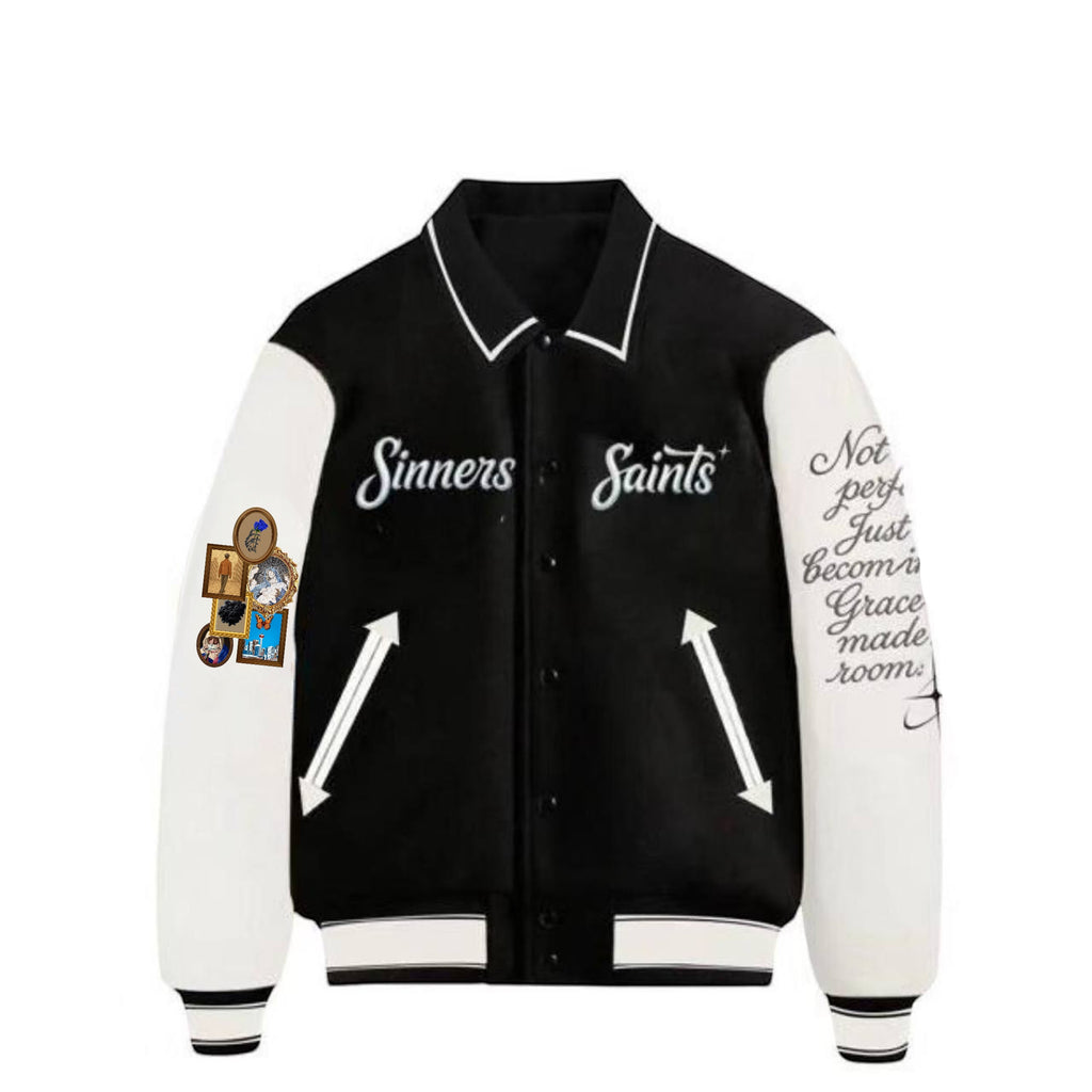 Mercy on 67th Varsity Jacket front — fully embroidered leather sleeve wool varsity jacket Sinners2Saints