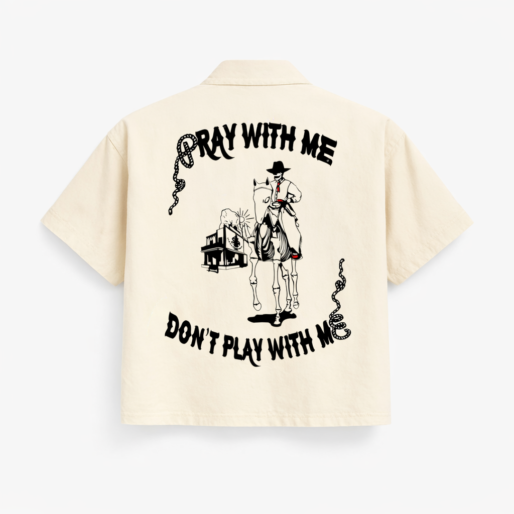 Divine Warning 01 in Creme — back view, embroidered full-zip organic cotton shirt by Sinners2Saints