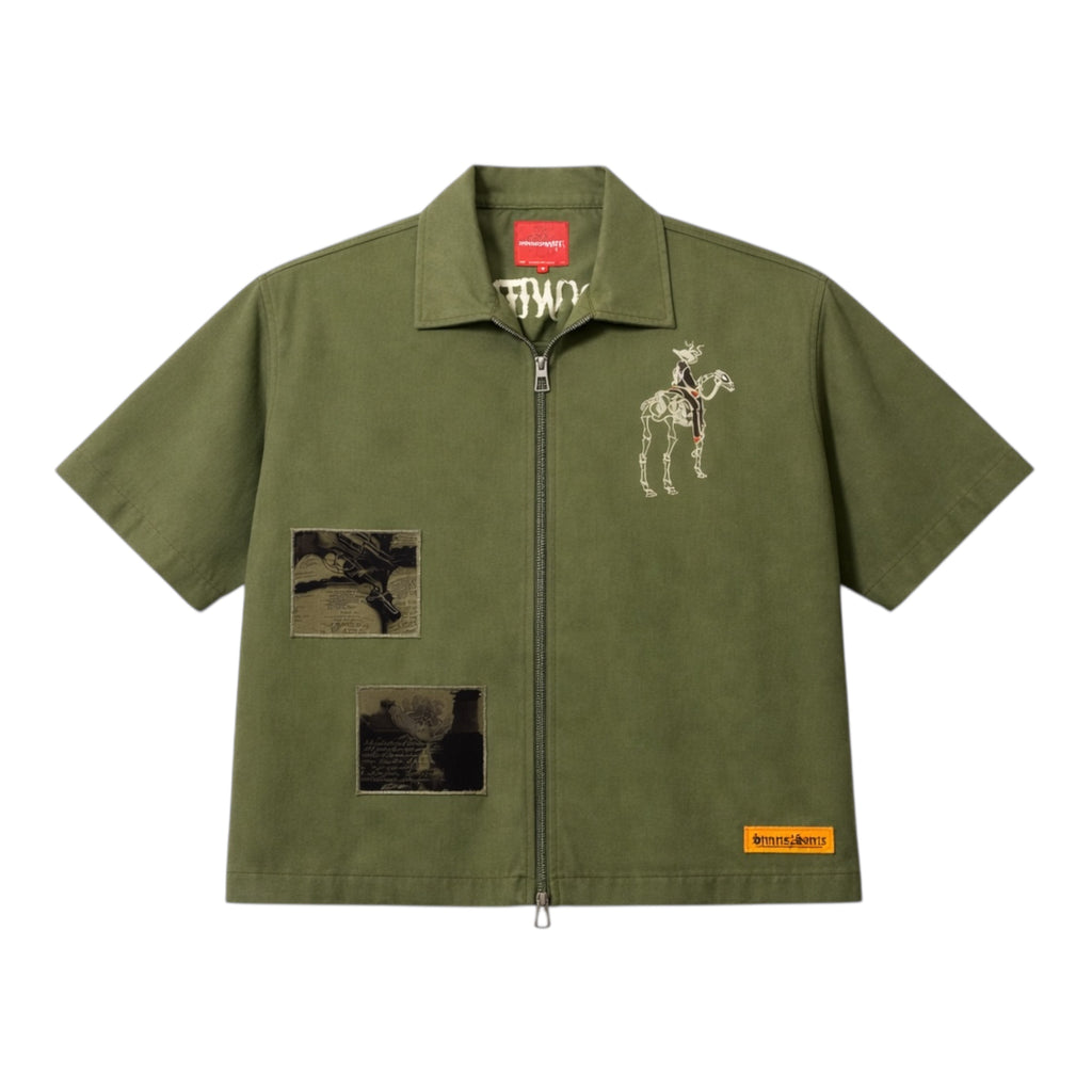 Divine Warning 02 in Military Green — front view, organic cotton full-zip faith shirt by Sinners2Saints