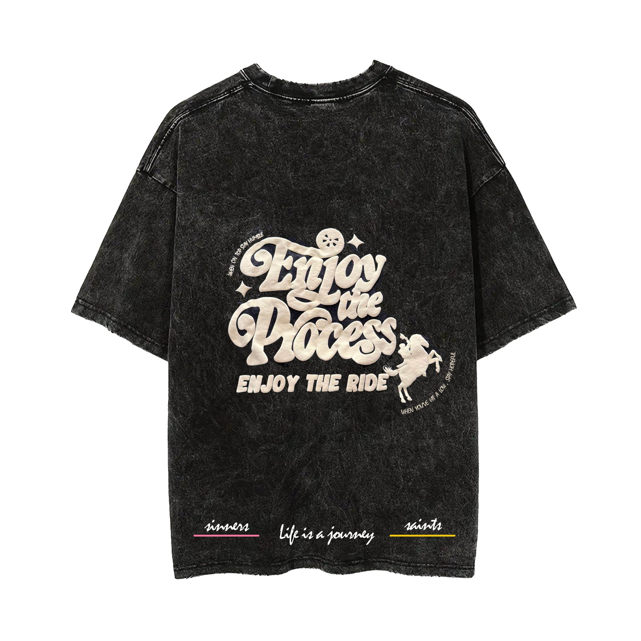Enjoy the Process Tee in Black — cut-and-sew puff print T-shirt by Sinners2Saints