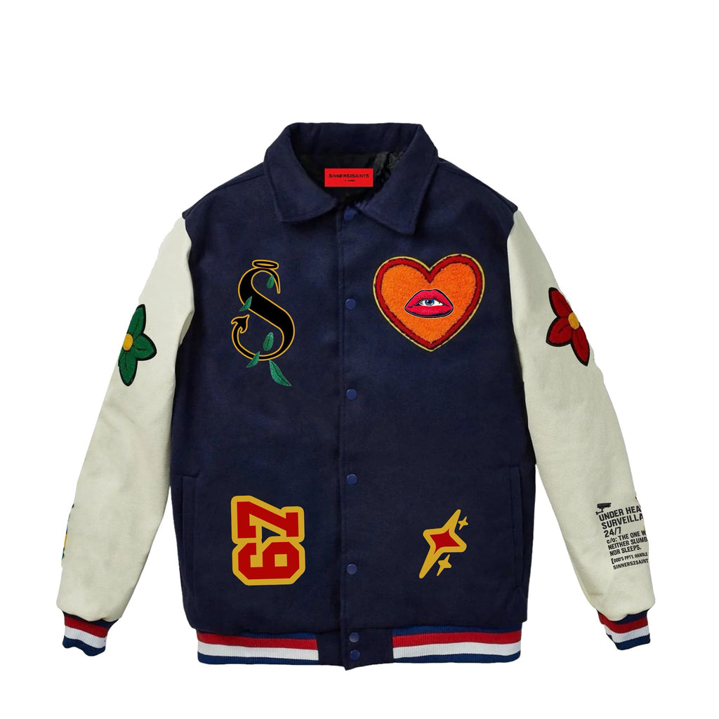 Heaven's Watch Varsity Jacket front — leather sleeve wool varsity jacket Canada Sinners2Saints