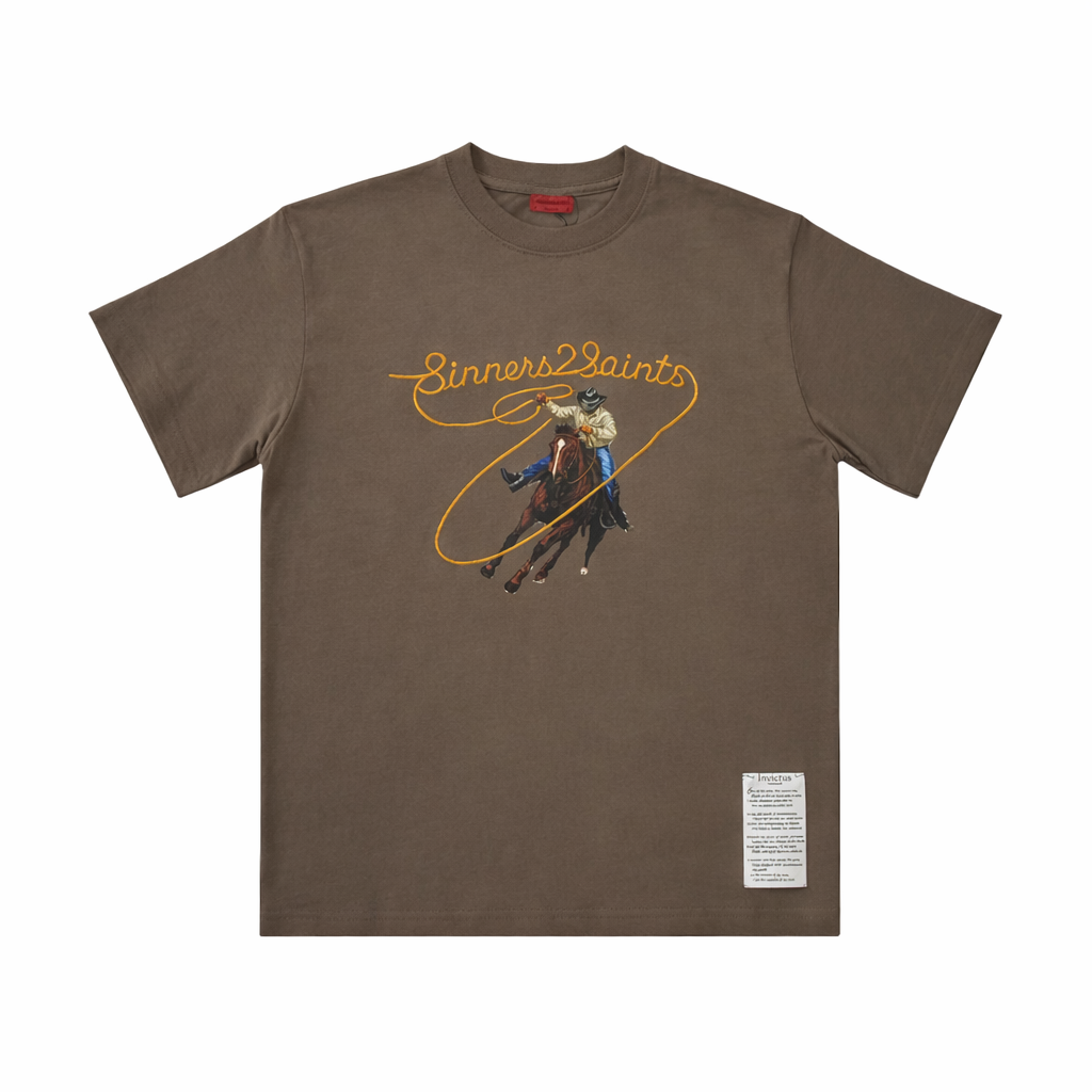 Lassoed by Purpose Tee in Frontier Mocha — front view, embroidered rope detail faith T-shirt by Sinners2Saints