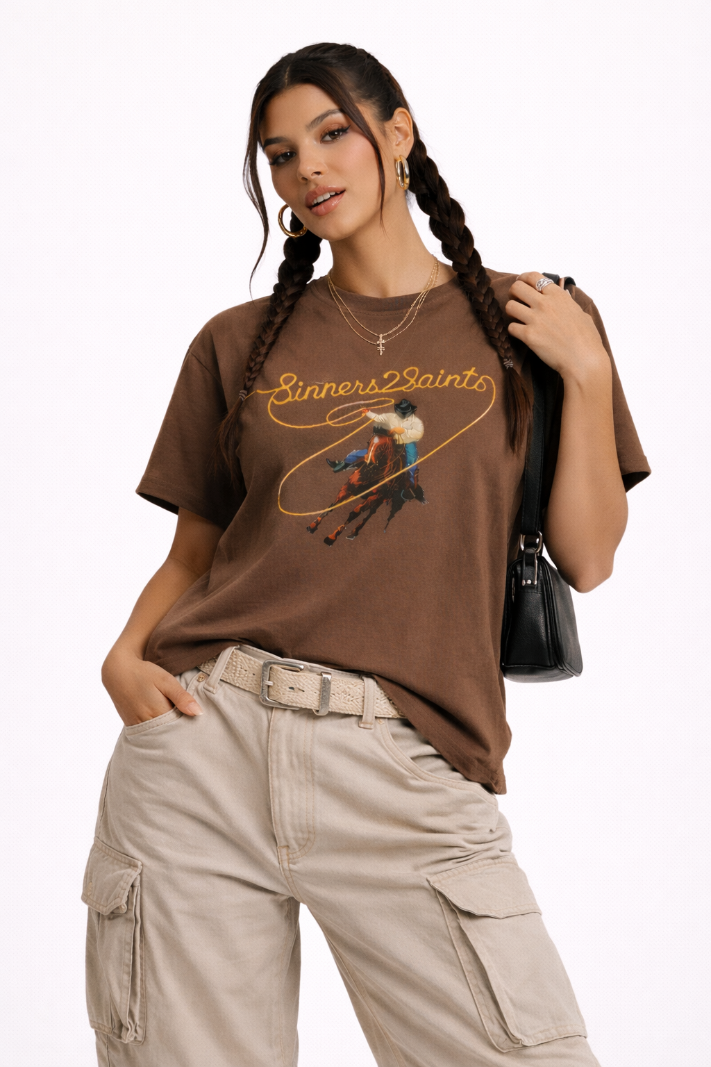 Lassoed by Purpose Tee in Frontier Mocha worn — faith streetwear T-shirt Canada Sinners2Saints