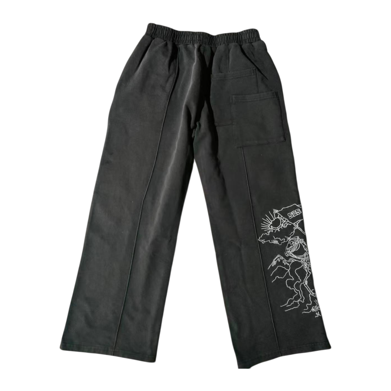The Mantle Pant in Washed Black — back view showing acid-wash finish and embroidered detail, Sinners2Saints
