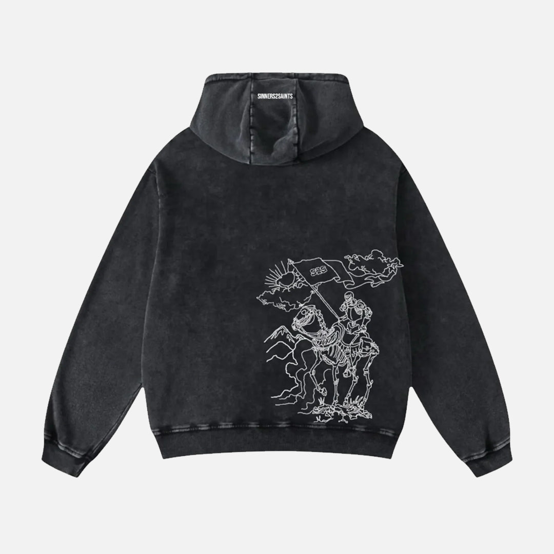 The Mantle Pullover Hoodie in Washed Black — back view, 95,400 embroidered stitches by Sinners2Saints
