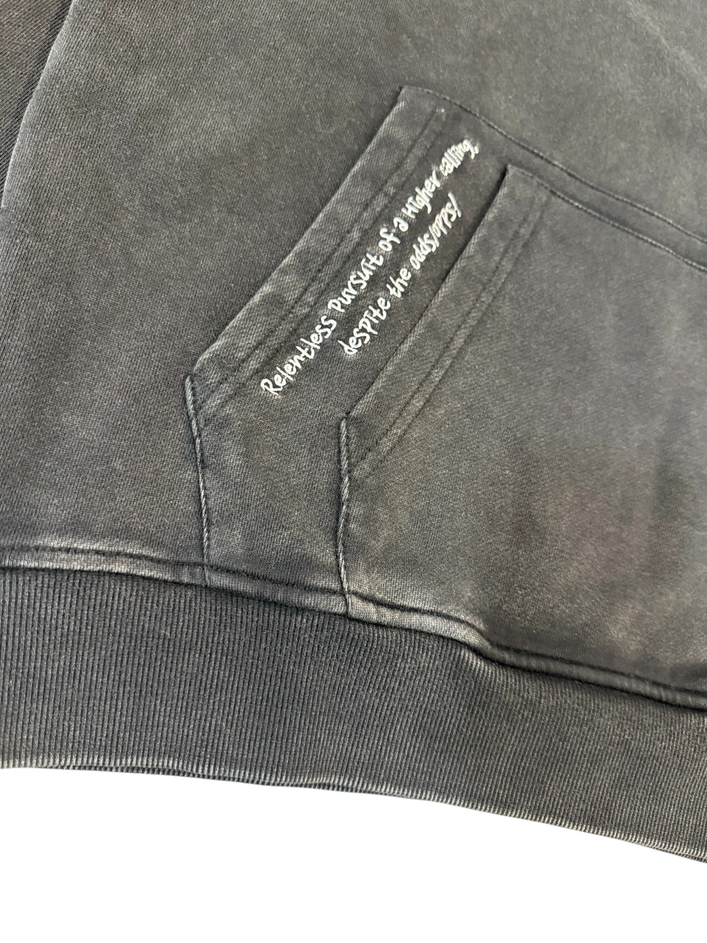 The Mantle Pullover Hoodie Washed Black embroidery detail — Sinners2Saints