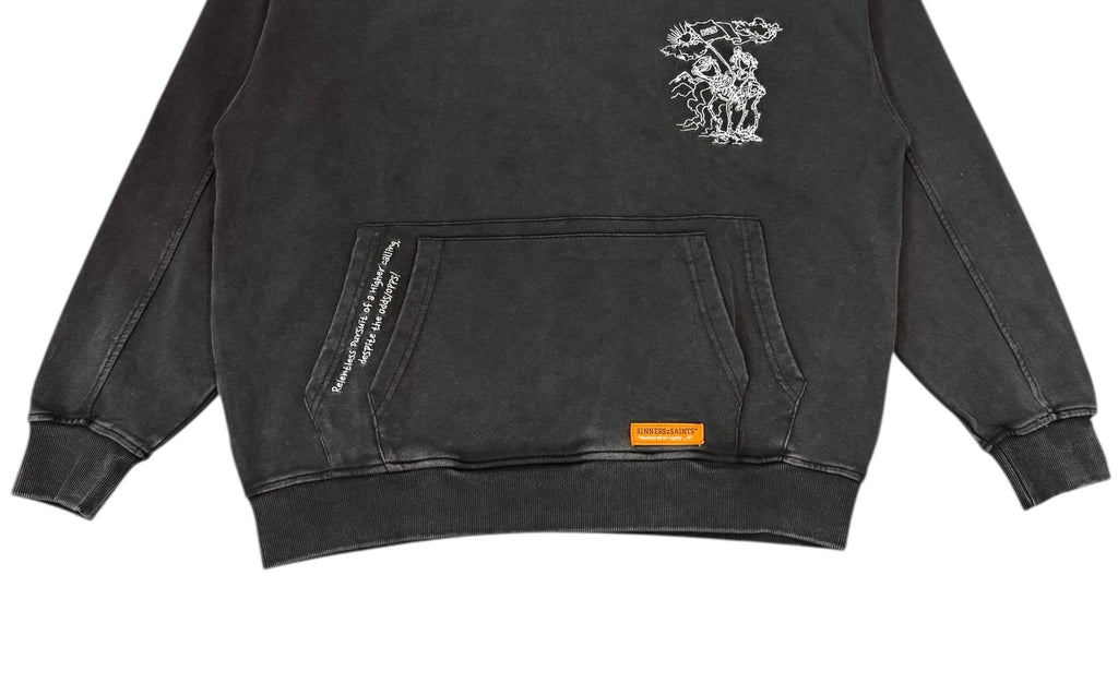 The Mantle Pullover Hoodie Washed Black worn — faith streetwear hoodie Canada Sinners2Saints