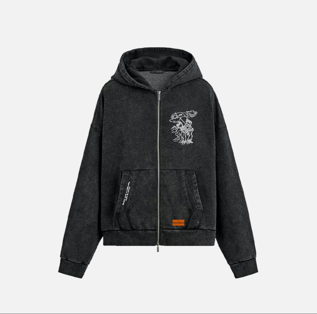 The Mantle Zip Hoodie in Washed Black — front view, YKK zip 100% cotton faith hoodie by Sinners2Saints