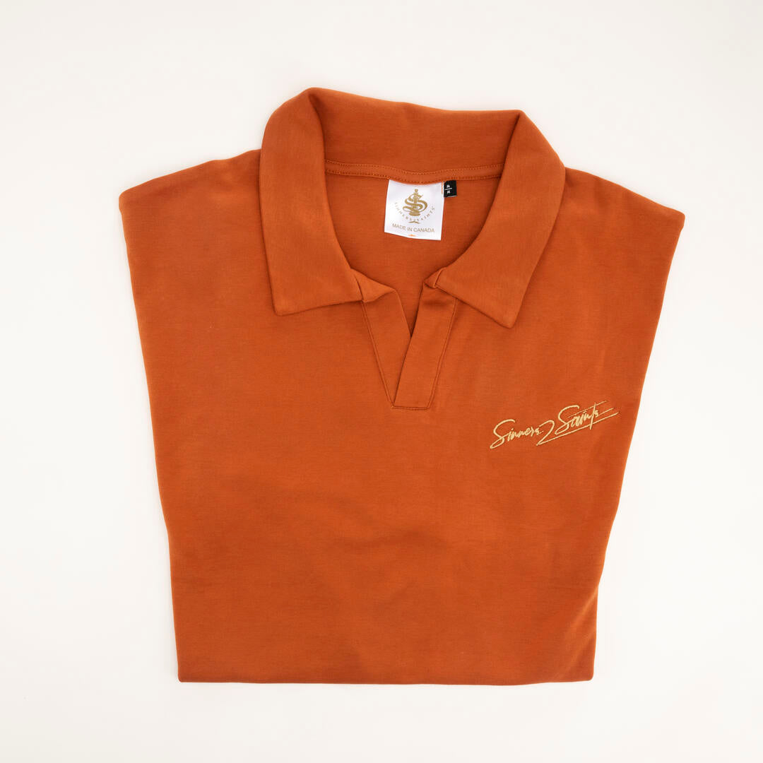 Boxy polo shirt -  Johnny collar jersey polo - Colour: Copper - TheSinners2Saints